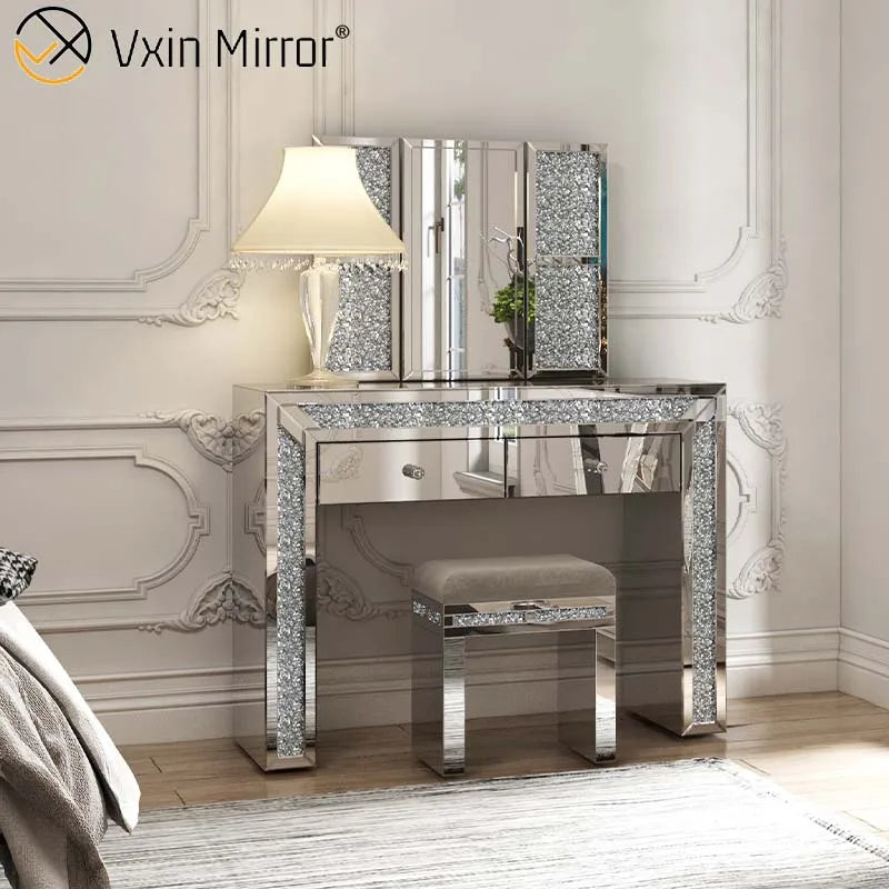 Luxury Silver Bedroom Dressing Table Set With Mirror and Stool Modern Designs MDF Wood for Home Use