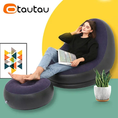 OTAUTAU Inflatable Lazy Sofa Chair PVC Flocking Foldable Sofa with Slip-on Lunch Lounge Chair Set